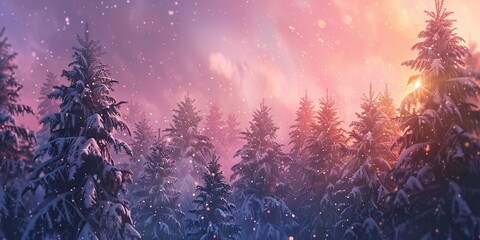 Snow-covered pine trees, soft twilight, magical Christmas banner background