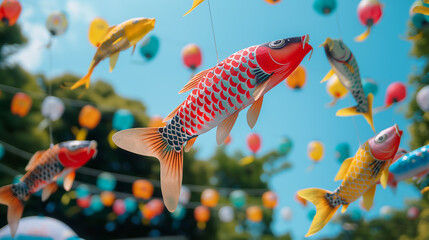 Fototapeta premium A close-up shot of colorful koi fish kites with detailed patterns flying in a clear sky depicting joy and festivities