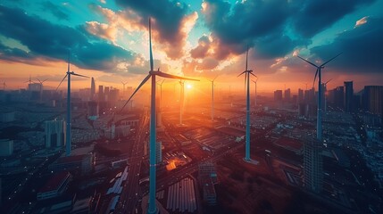 Renewable energy concept Solar panels and wind turbines silhouetted against sunset clouds, harnessing eco-friendly power