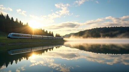 The train passes on a beautiful lake - obrazy, fototapety, plakaty