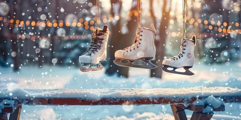Ice skates hanging, snowy bench background, nostalgic Christmas frame theme - obrazy, fototapety, plakaty