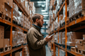 Warehouse employee using a tablet device for inventory management in a large industrial warehouse setting