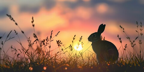 Bunny silhouette against sunrise, whimsical backdrop for Easter frame --ar 2:1 Job ID: c1b7e43e-530d-4e5f-aa9b-09cfd112e7ab - obrazy, fototapety, plakaty