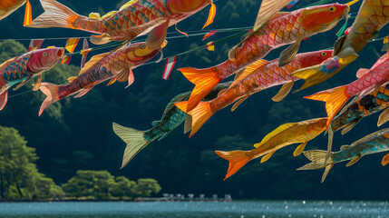 Vibrant koinobori carp-shaped windsocks fly in the blue sky during a Japanese children's day celebration, symbolizing strength and perseverance