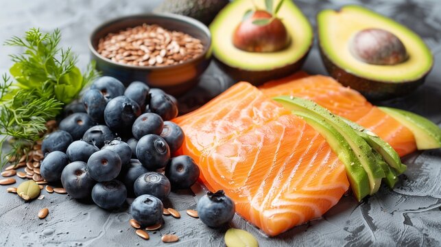 Elegant Spread of Heart-Healthy Foods with a Focus on Omega-3s and Antioxidants - Featuring a sophisticated arrangement of salmon, avocados, flaxseeds, and blueberries, this image embodies the essence