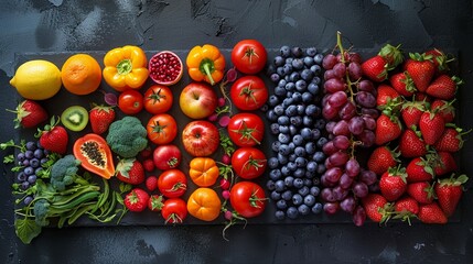 Rainbowhued fruits and vegetables artistically laid out on obsidian backdrop, highlighting...