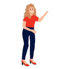  Ilustración de una mujer con la mano levantada señalando algo sobre un fondo blanco aislado. Vista de frente y de cerca. Copy space
