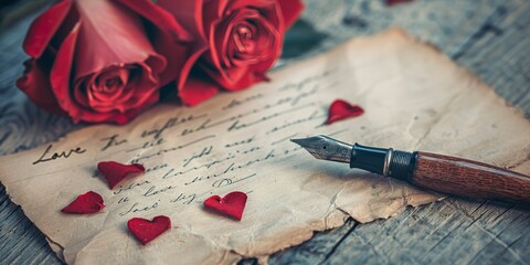 Love letters and vintage pen, close-up, nostalgic mood for Valentineâ€™s banner