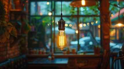 Rustic light bulb hanging in a cozy, dimlylit cafe, soft warm light casting shadows, vintage ambiance