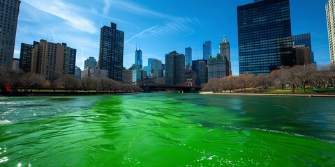 River dyed green, city backdrop, unique celebration theme for St. Patrickâ€™s Day 