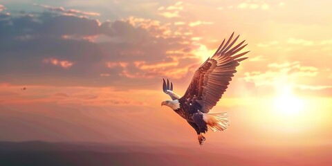 Fototapeta premium Eagle flying against sunset, symbol of freedom, majestic Fourth of July banner