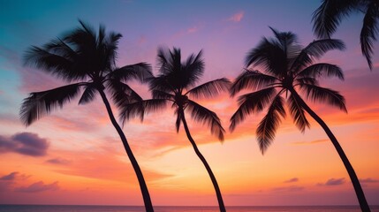Fototapeta na wymiar Tropical Sunrise - Palm Silhouettes and Serene Ocean 