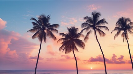 Fototapeta na wymiar Tropical Sunrise - Palm Silhouettes and Serene Ocean 