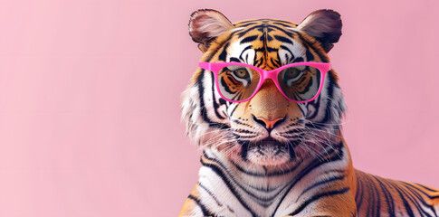 Tiger with pink glasses on pink background, copy space for text