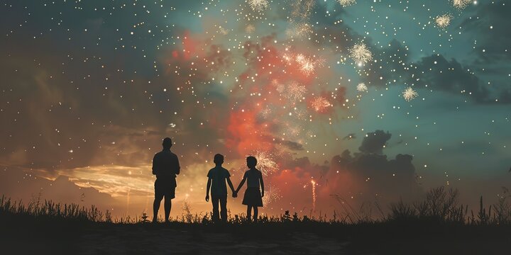 Family watching fireworks, silhouette, shared joy theme for Fourth of July frame