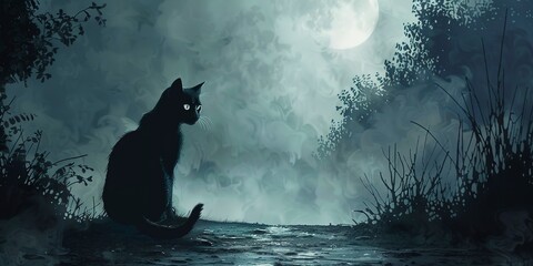 Black cat silhouette, moonlit path, mysterious vibe for banner background - obrazy, fototapety, plakaty