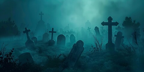 Foggy graveyard at night, silhouettes of tombstones, chilling Halloween banner  - obrazy, fototapety, plakaty