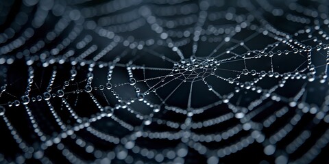 Spider web with dew, macro shot, detailed eeriness for Halloween frame  - obrazy, fototapety, plakaty