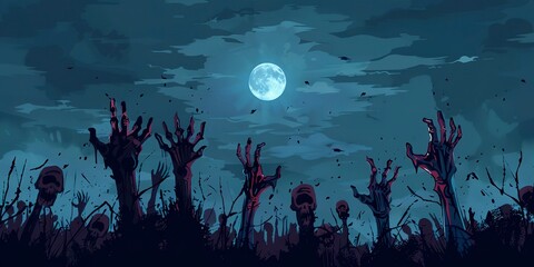 Fototapeta na wymiar Zombie hands rising from ground, moonlight, horror theme for banner 