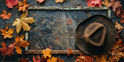 Pilgrim hat and autumn leaves, vintage filter, nostalgic frame background 