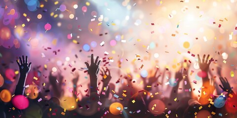 Party crowd celebrating, colorful confetti, energetic New Yearâ€™s Eve background  - obrazy, fototapety, plakaty