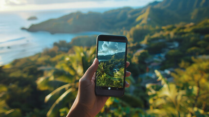 Hand Holding Smartphone, Lush Tropical Landscape through Screen, Travel Adventure