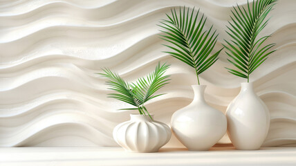 Obraz na płótnie Canvas White ceramic vases with palm branches against a background of wavy relief wall panels.