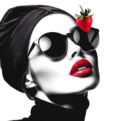 Fashion portrait of beautiful young woman in black sunglasses with strawberry.