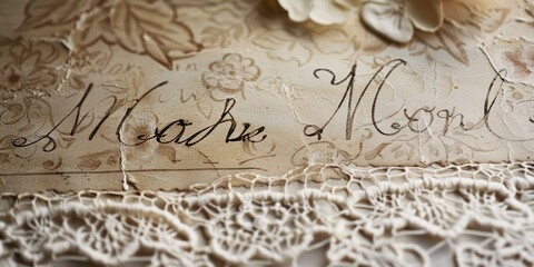 Handwritten Mom card, vintage lace background, close-up for sentimental frame  - obrazy, fototapety, plakaty