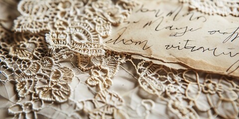Handwritten Mom card, vintage lace background, close-up for sentimental frame  - obrazy, fototapety, plakaty