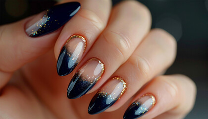 Nail extensions Beige and black. Manicure Beauty Fashion Model Girl with Black nails close up