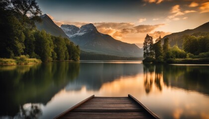 A tranquil scene of a serene lake reflecting the vibrant colors of sunset with mountains in the backdrop and a wooden dock leading into the water