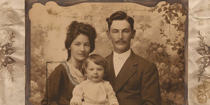 Family photo, soft sepia tone, vintage frame for nostalgic Mother's Day tribute
