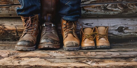 Father's old boots and child's shoes side by side, rustic wood background 