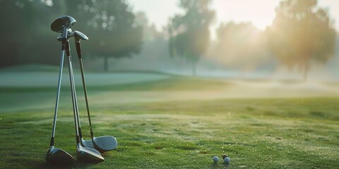 Golf clubs on green, early morning mist, wide angle for Father's Day banner - - obrazy, fototapety, plakaty