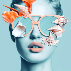 Portrait of beautiful young woman in sunglasses with seashells. Beauty, fashion.