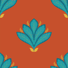 Oranamental Leaf Pattern Seamless Vector, Teal and Rust Color Textile Repeat