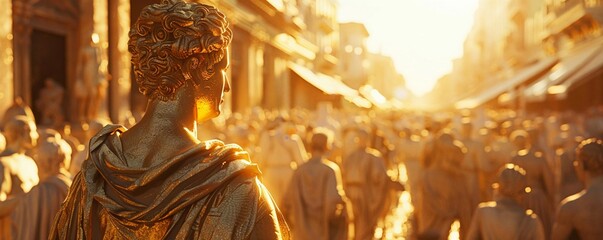  Golden Statue, Ancient civilization, City Market bustling with traders, sunny day, 3D render, Golden Hour lighting, Depth of Field bokeh effect - obrazy, fototapety, plakaty