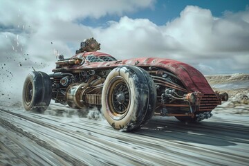 Timelapse of a diesel punk vehicle race with elven drivers, dynamic and highspeed, thrilling and gritty , sci-fi tone, technology - obrazy, fototapety, plakaty