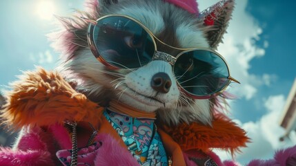 Exuberant anthropomorphic fox decked in flamboyant attire with stylish sunglasses enjoying the sunny ambiance - obrazy, fototapety, plakaty