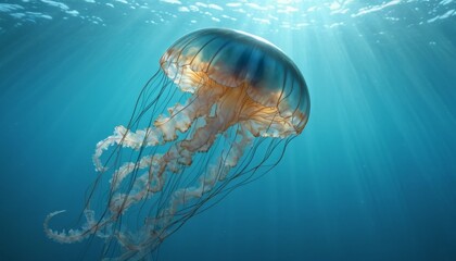 An ethereal jellyfish floats gracefully through the sunlit depths of a clear blue ocean, its tendrils trailing delicately in the water. - obrazy, fototapety, plakaty