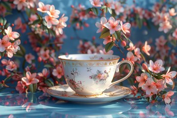 Naklejka na ściany i meble Elegant teacup amidst blooming flowers