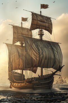 Vintage-style rendering of an antique warship at sea with unfurled sails amidst seagulls at dawn