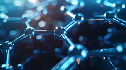 A stunning representation of molecules in 3D with a blue light glow and bokeh effect communicates complexity and scientific innovation - obrazy, fototapety, plakaty