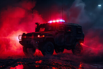 Armored police vehicle in action with red smoke and sirens in a dramatic night scene - obrazy, fototapety, plakaty