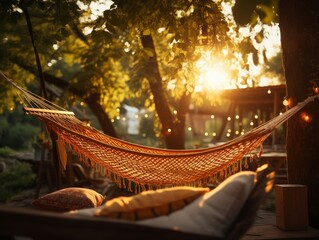 Creative Treehouse, Hammock, Inspiring space for art, nestled among tall trees with soft sunlight filtering through leaves Realistic Golden hour Depth of field bokeh effect