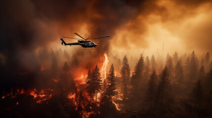Fototapeta na wymiar Natural Disaster: Forest Fire, Helicopter Extinguishing Flames.
