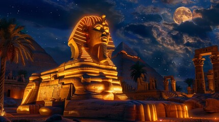 A fantasy version of ancient Egypt where the Sphinx comes to life under the neon moon, its riddles a test for the worthy