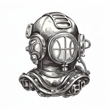 Vintage underwater diving helmet. Hand drawn sketch vector style illustration
