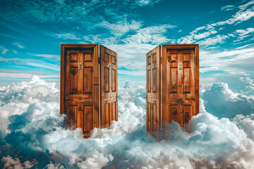A series of doors floating among the clouds, each opening to different dreamscapes, offering space for dialogue on the endless possibilities within dreams